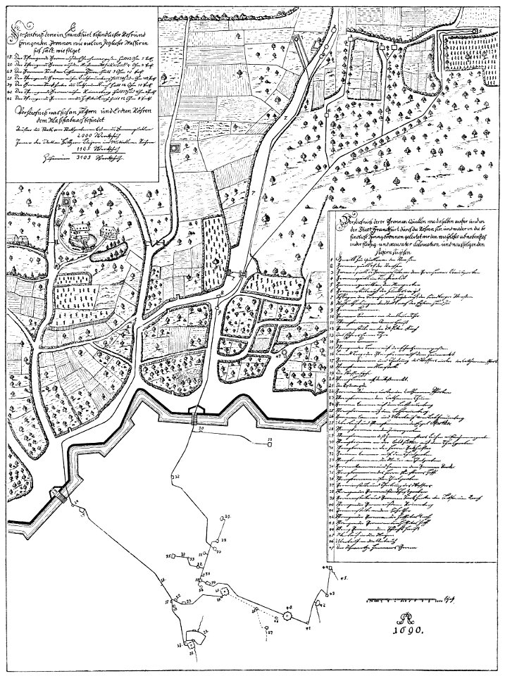 Frankfurt Am Main-Lageplan der mit Quellwasser aus dem Friedberger Feld gespeisten Frankfurter Brunnen-1690