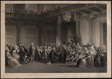Franklin before the lord's council, Whitehall Chapel, London, 1774 - painted by C. Schuessele ; engraved by Whitechurch. LCCN00650385