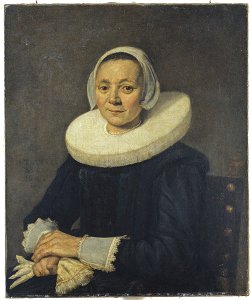 Frans Hals - Portrait of a seated woman holding gloves with a cartwheel ruff. Free illustration for personal and commercial use.