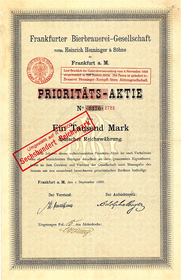 Frankfurter Bierbrauerei-Gesellschaft 1000 Mk 1888