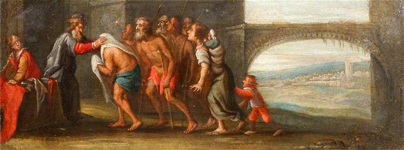 Frans Francken II (1581-1642) (studio of) - The Chirk Cabinet, The Seven Acts of Mercy, 'To clothe the naked' - 1170769.12 - National Trust