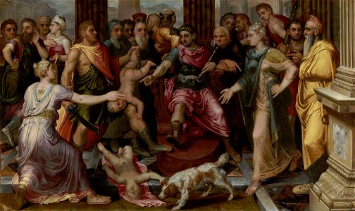 Frans Floris (I) - Het oordeel van Salomo, de twee moeders komen voor Salomo en ruziën met elkaar (1 Koningen 3-16-22) - 663 - Royal Museum of Fine Arts Antwerp
