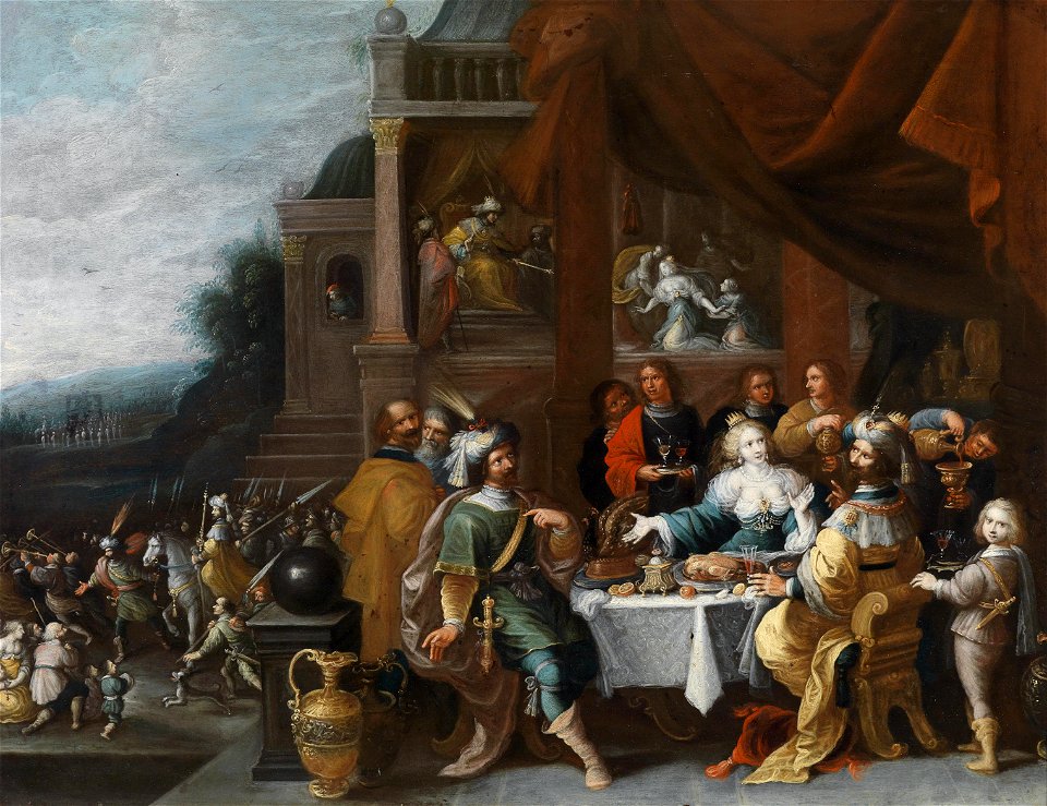 Frans Francken dJ (Umkreis) Ahasver und Haman beim Gastmahl der Esther ...