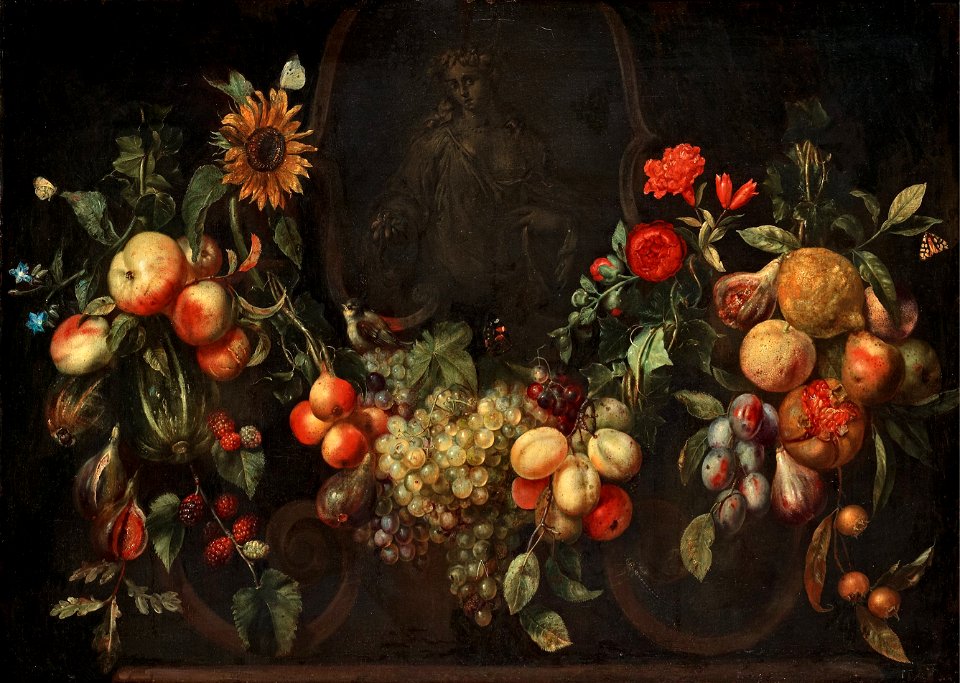 Frans Ykens - Still life with fruits, birds and insects