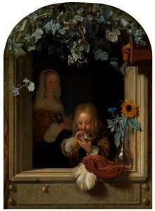 Frans van Mieris de Oude - A Boy Blowing Bubbles - 106 - Mauritshuis. Free illustration for personal and commercial use.