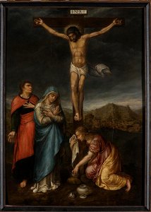 Frans Pourbus (I) - Crucifixion with the Virgin Mary, St John the Evangelist and Mary Magdalene. Free illustration for personal and commercial use.