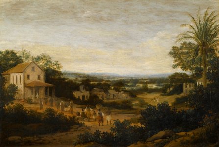 Frans Post - Paisagem do Brasil com europeus e nativos se aproximando de uma igreja e várzea em segundo plano, c. 1670