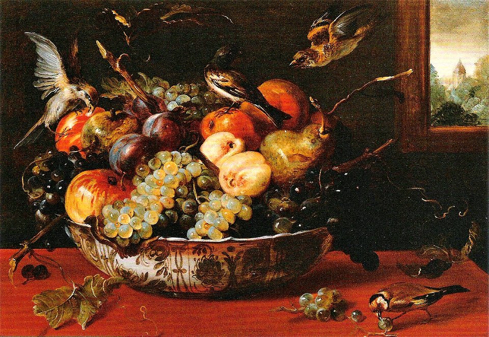 Frans Snyders - Stillleben mit Obstschale,Vögeln und Fensterausblick