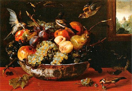 Frans Snyders - Stillleben mit Obstschale,Vögeln und Fensterausblick