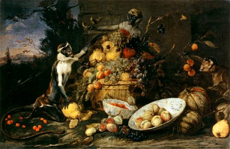 Frans Snyders - Three Monkeys Stealing Fruit - WGA21531. Free illustration for personal and commercial use.
