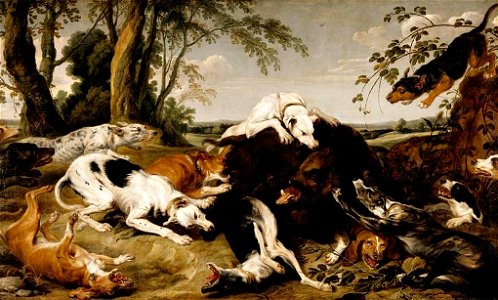 Frans Snyders - Hounds Bringing down a Boar - WGA21530. Free illustration for personal and commercial use.