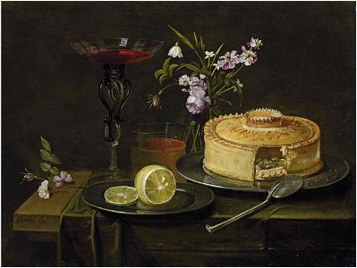 Frans Ykens - A pie and a cut lemon on pewter platters, a façon-de-Venise wine glass and flowers in a glass vase, on a partly-draped table