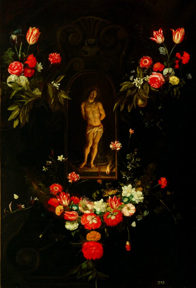 Frans Ykens and Jan van den Hoecke - Christ at the column, in a garland of flowers
