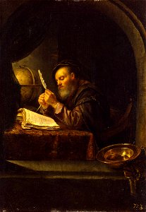 Frans van Mieris (I) - An Old Scholar sharpening his Quill pen. Free illustration for personal and commercial use.