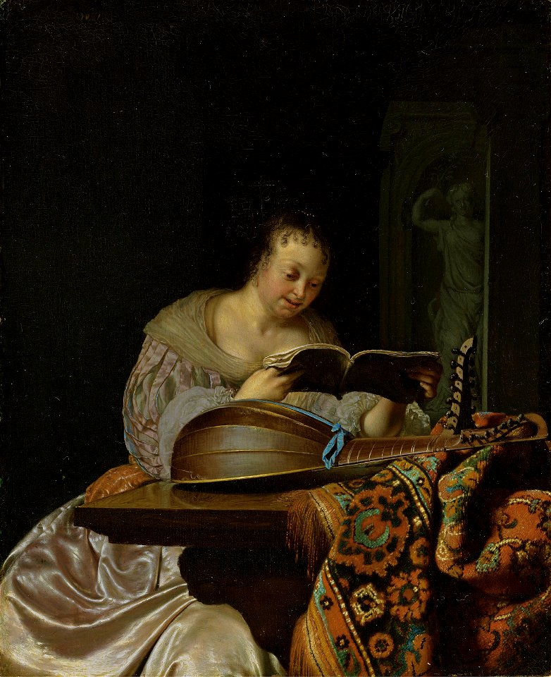 Frans van Mieris - An interior with a woman reading music at a partially draped table with a double - (MeisterDrucke-825791)