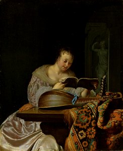 Frans van Mieris - An interior with a woman reading music at a partially draped table with a double - (MeisterDrucke-825791). Free illustration for personal and commercial use.