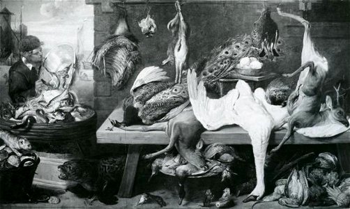 Frans Snijders - Een marktkraam met wild en een jongeman die een emmer vis leeggooit in een bak - 52.9.113 - North Carolina Museum of Art