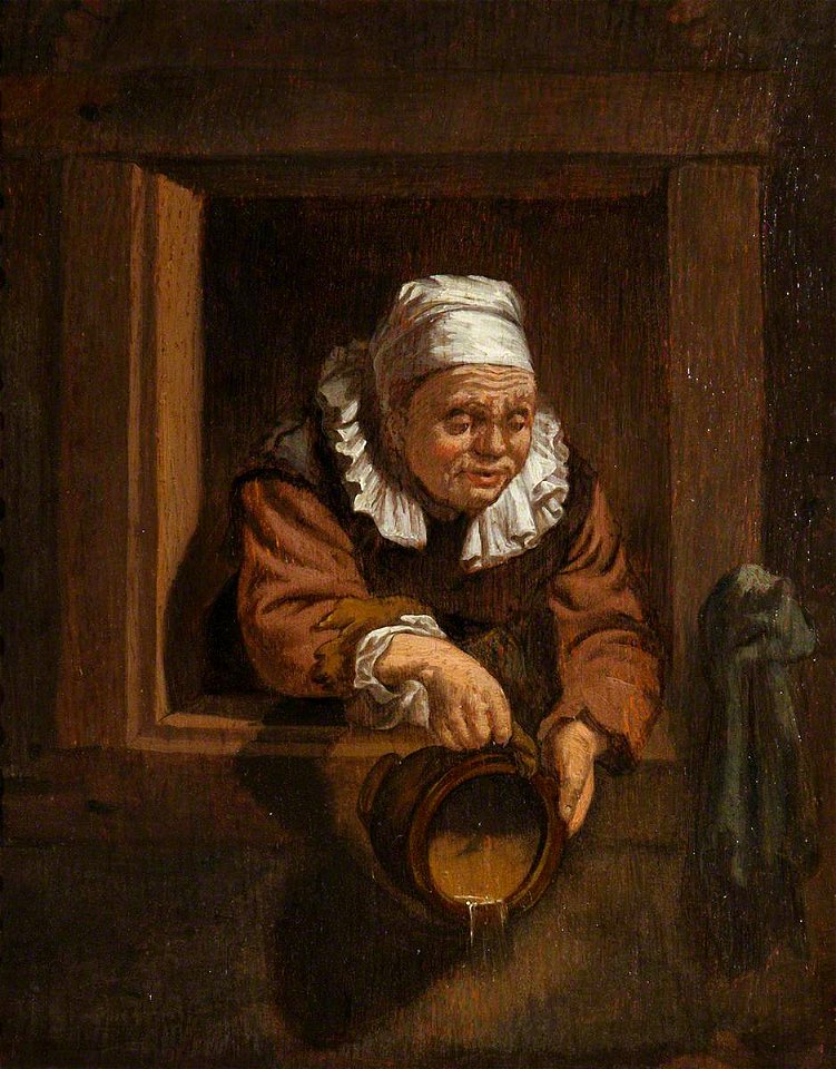 Frans van Mieris the elder (1635-1681) (after) - An Old Woman at a Window, Emptying a Chamber Pot - 1151396 - National Trust