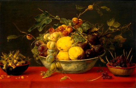Frans Snyders - Fruit in a Bowl on a Red Cloth. Free illustration for personal and commercial use.