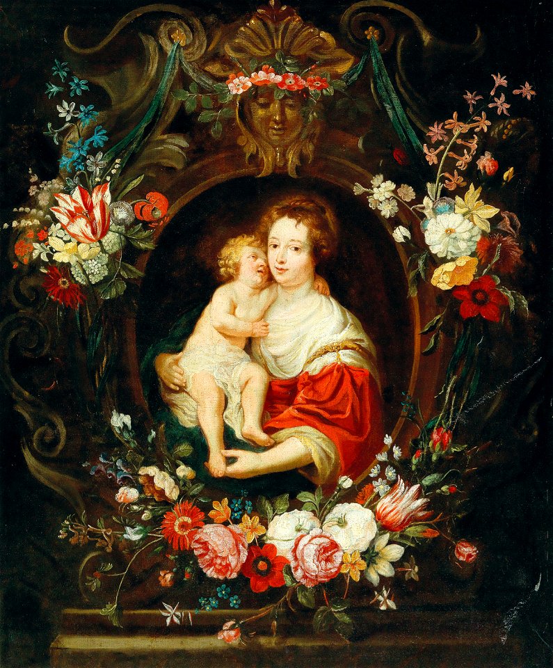 Frans Ykens and Cornelis Schut - The Virgin and Child in a stone cartouche with flowers