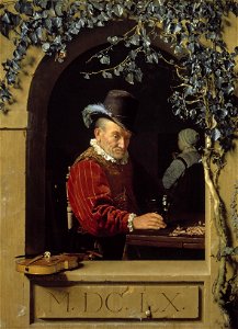 Frans van Mieris - An old violin player in a stone arched niche