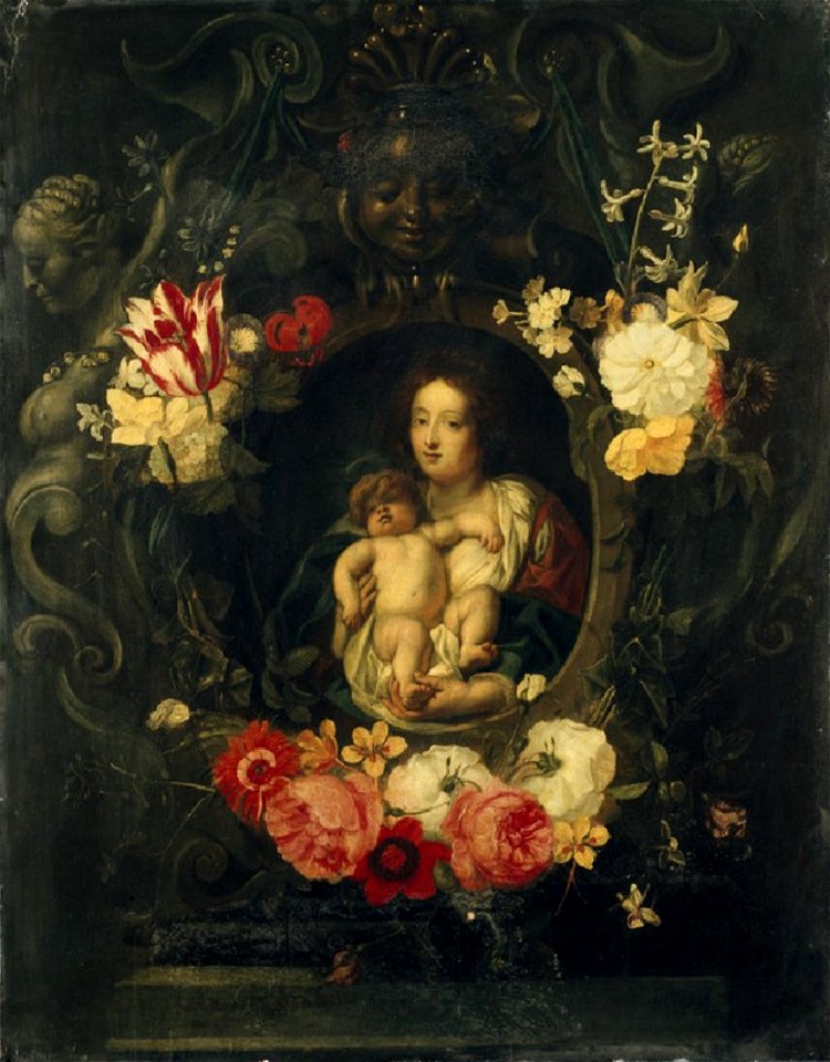 Frans Ykens - A Garland of Flowers surrounding a Medallion of the Virgin and Child