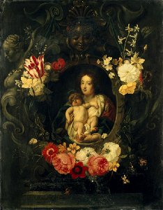 Frans Ykens - A Garland of Flowers surrounding a Medallion of the Virgin and Child