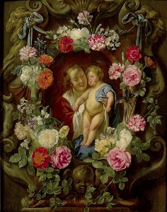 Frans Ykens and Worshop of Jacob Jordaens - The Virgin and Child in a Cartouche decorated with a Flower Garland
