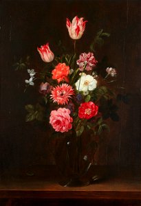 Frans Ykens - Still life with tulips, roses and carnations in a glass vase