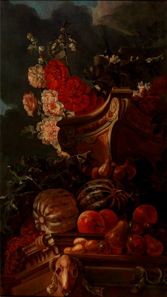 Franz Ignaz Flurer - Flowers in a stone vase and fruit on a plinth