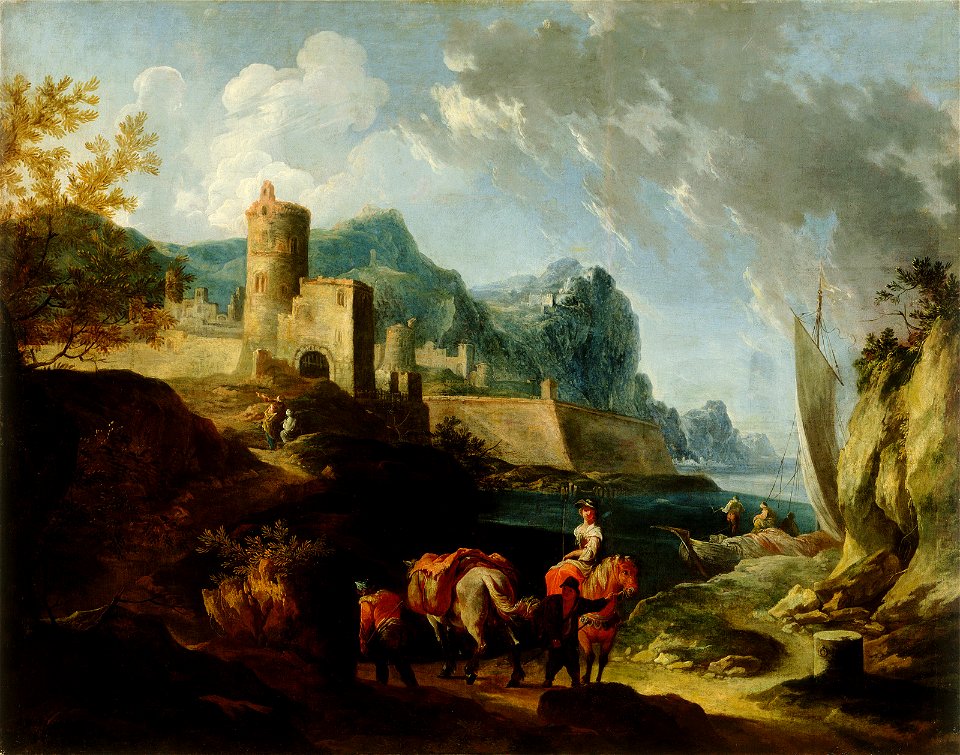 Franz Ignaz Flurer - Seacoast with Travellers and a Town - WGA07953
