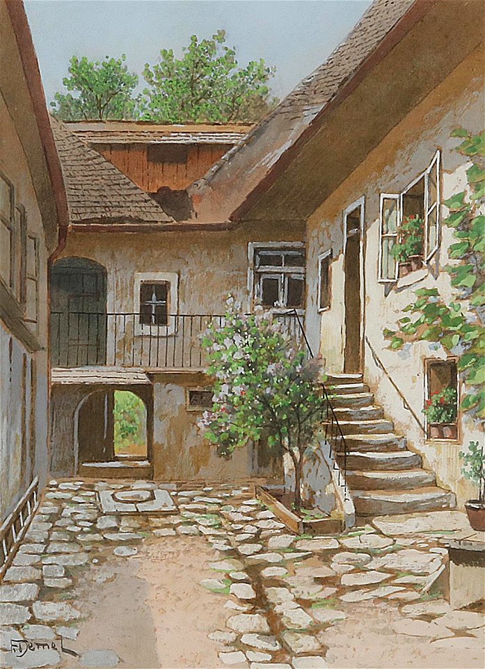 Franz Demel Innnehof mit blühendem Baum