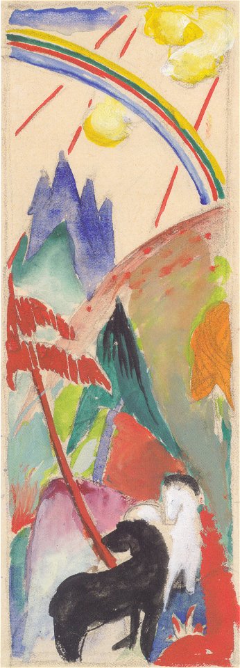 Franz Marc - Schwarzes und weißes Pferd in Gebirgslandschaft mit Regenbogen