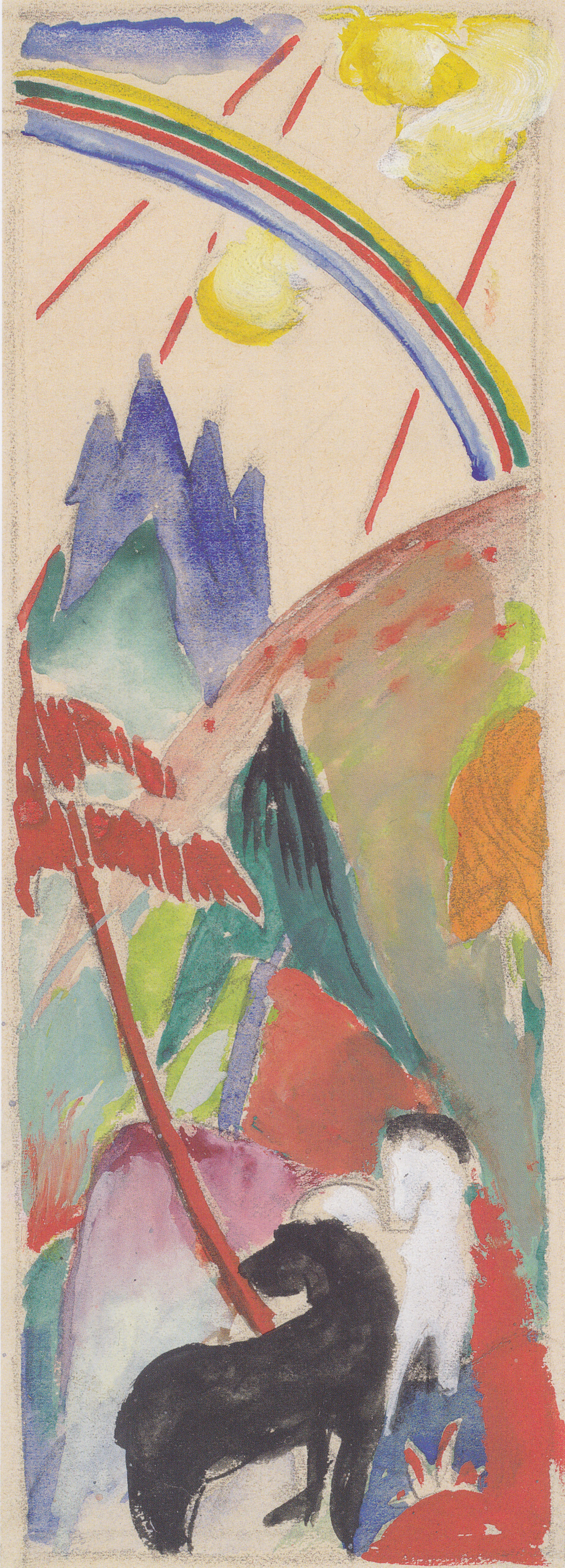 Franz Marc - Schwarzes und weißes Pferd in Gebirgslandschaft mit Regenbogen