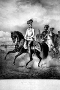 Franz Joseph I. zu Pferd Litho