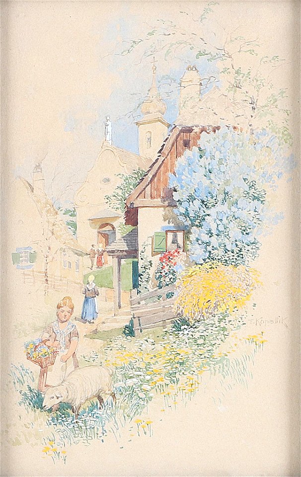 Franz Kopallik Mädchen beim Blumenpflücken