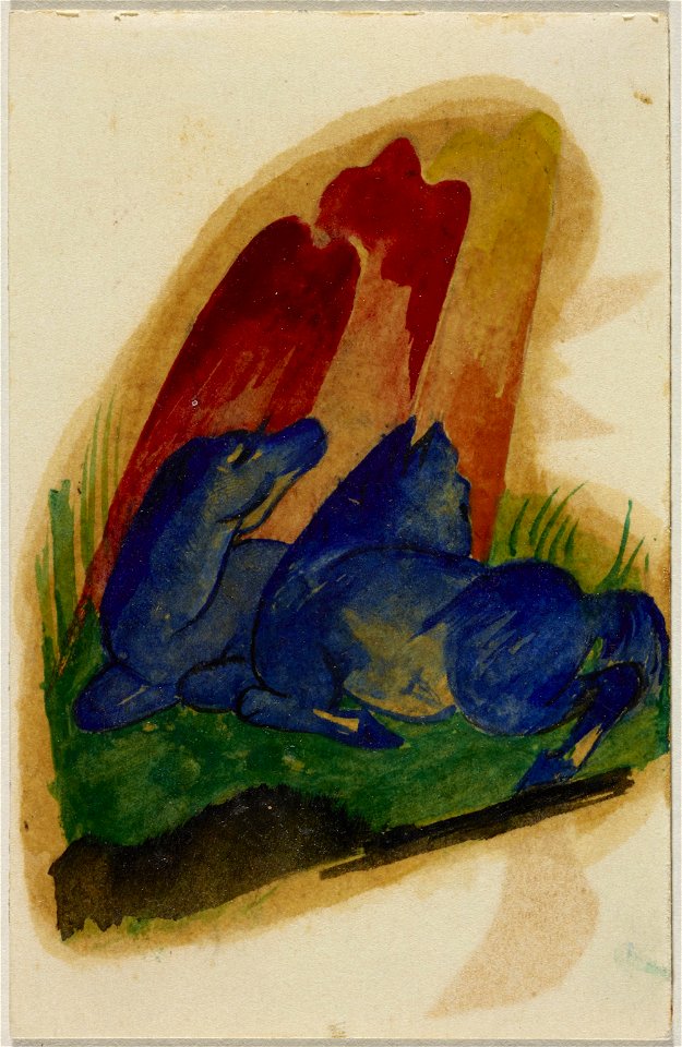 Franz Marc - Zwei blaue Pferde vor rotem Felsen
