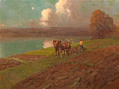 Franz Roubaud Landschaft mit pflügendem Bauern am Ufer