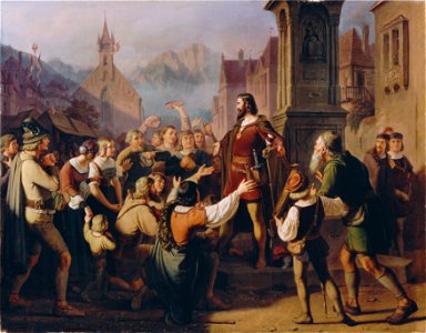 Franz Schams - Der als Minnesänger verkleidete Herzog Friedrich IV. gibt sich auf der Flucht aus Konstanz seinen treuen Tirolern zu erkennen - 3733 - Kunsthistorisches Museum