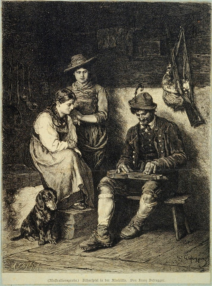 Franz von Defregger - Igranje na citre v planšarski koči