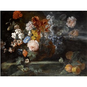 Franz Werner von Tamm - Still Life of Roses, Morning Glory, Carnations, Forget-Me-Nots and Other Flowers on a Stone Ledge, Together with a Bunch of Peaches. Free illustration for personal and commercial use.