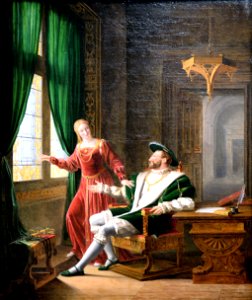 François 1er montre a Marguerite de Navarre sa soeur les vers qu il vient d écrire sur une vitre avec son diamant-Fleury François Richard-MBA Lyon 2014