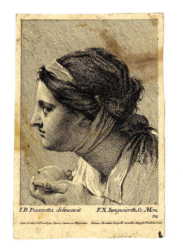 Franz Xaver Jungwierth - Head of a woman in profile to left, with a band round her hair holding an apple; after Piazzetta. 1753, 1943,0709.88