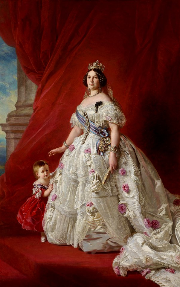 Franz Xaver Winterhalter - Isabel II con su hija Isabel, princesa de Asturias (Palacio Real, Madrid, 1855. Óleo sobre lienzo, 275 x 176 cm)