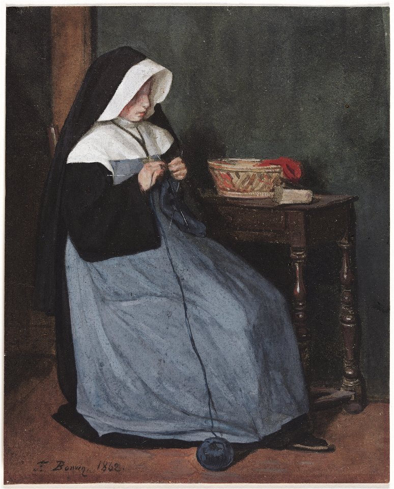 François Bonvin (French, 1817-1887) - A Nun Seated at a Table Knitting - 2008.399 - Cleveland Museum of Art