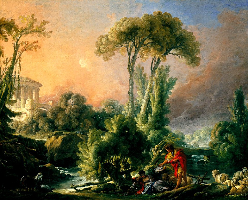 François Boucher - Paysage fluvial avec temple antique