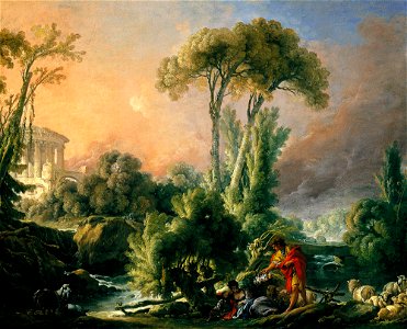 François Boucher - Paysage fluvial avec temple antique