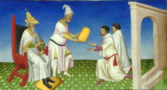 Français 2810, fol. 3v, Qubilaï donnant une tablette aux Polo