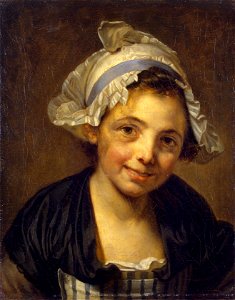 Jean-Baptiste Greuze - Head of a young girl in a bonnet (1760s). Free illustration for personal and commercial use.