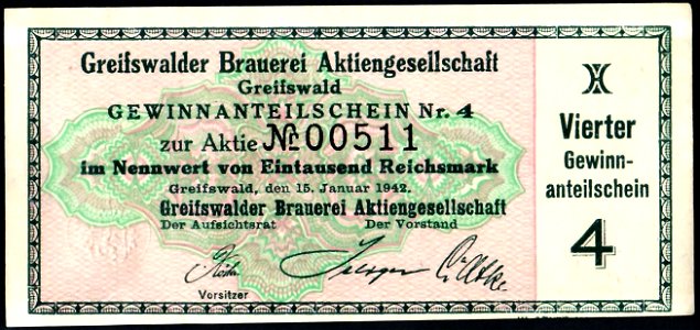 Greifswalder Brauerei Aktienkupon 1942